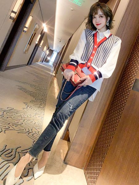 women's two piece pants jacquard knitted stitched shirt slim fitting jeans set with diamond 2021 spring top, White
women's two piece pants jacquard knitted stitched shirt slim fitting jeans set with diamond 2021 spring top, White