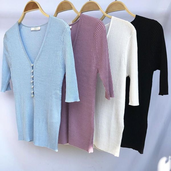 summer sweater women's v-neck short sleeve pearl button slim elastic pit silk thin knitwear sweaters, White;black
summer sweater women's v-neck short sleeve pearl button slim elastic pit silk thin knitwear sweaters, White;black