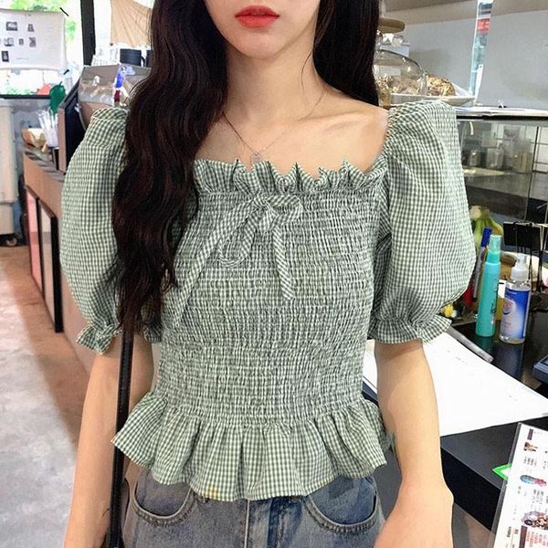 women blouse summer fashion square collar puff sleeve off shoulder short girls shirt sweet plaid casual shirt, White
women blouse summer fashion square collar puff sleeve off shoulder short girls shirt sweet plaid casual shirt, White