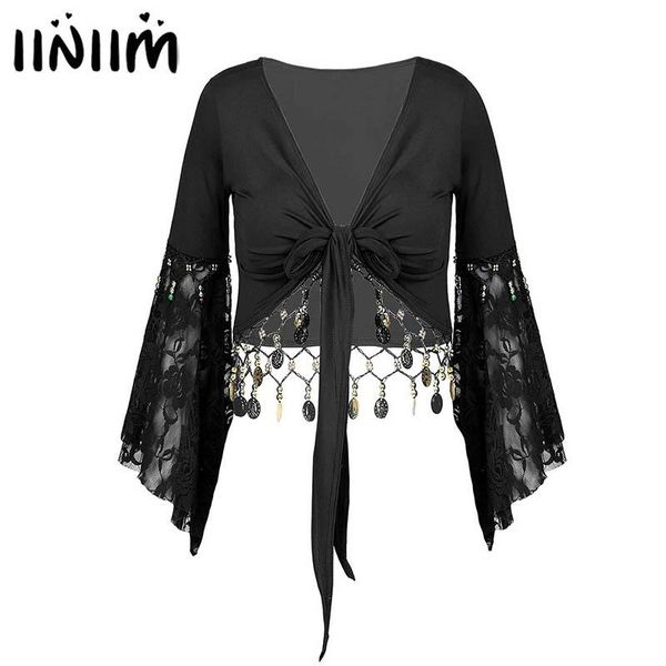 women dancewear lace patchwork three quarter flare sleeve bead tassel lace-up shawl belly dance crop cardigan costume, Black;red
women dancewear lace patchwork three quarter flare sleeve bead tassel lace-up shawl belly dance crop cardigan costume, Black;red