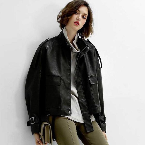 women's leather & faux 2021 autumn jacket women stand collar long sleeve drawstring bandage big size oversize coat, Black
women's leather & faux 2021 autumn jacket women stand collar long sleeve drawstring bandage big size oversize coat, Black