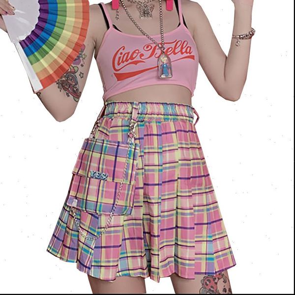 summer women skirt gothic pink plaid sweet high waist wild cute pleated rainbow skirts with chain, Black
summer women skirt gothic pink plaid sweet high waist wild cute pleated rainbow skirts with chain, Black