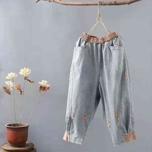 arrival summer arts style women loose casual elastic waist calf-length pants cotton denim patchwork harem pants w438, Blue
arrival summer arts style women loose casual elastic waist calf-length pants cotton denim patchwork harem pants w438, Blue