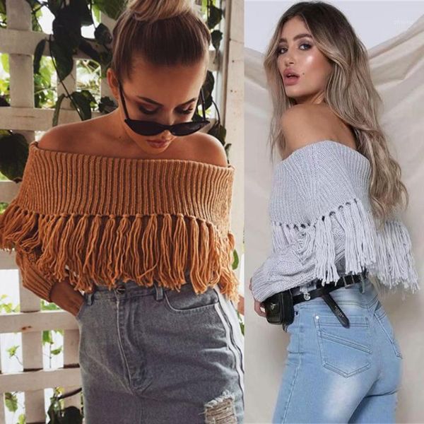women's sweaters 2021 autumn winter slash neck pullover women long sleeve tassel knitted short stweater sw0084, White;black
women's sweaters 2021 autumn winter slash neck pullover women long sleeve tassel knitted short stweater sw0084, White;black