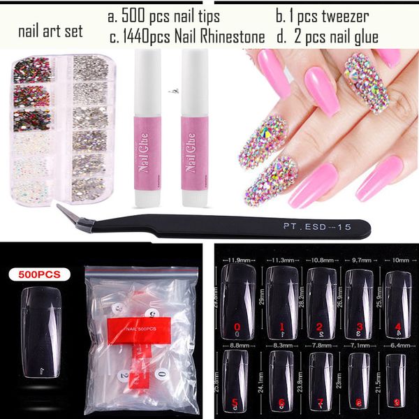 ms nail art kits 500 pcs tips glue tweezer 1440 pcs nail reinestone set nail art tool