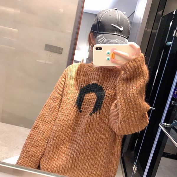 moon 9271 caramel round neck loose bf style personalized half moon stitching knitted sweater women, White