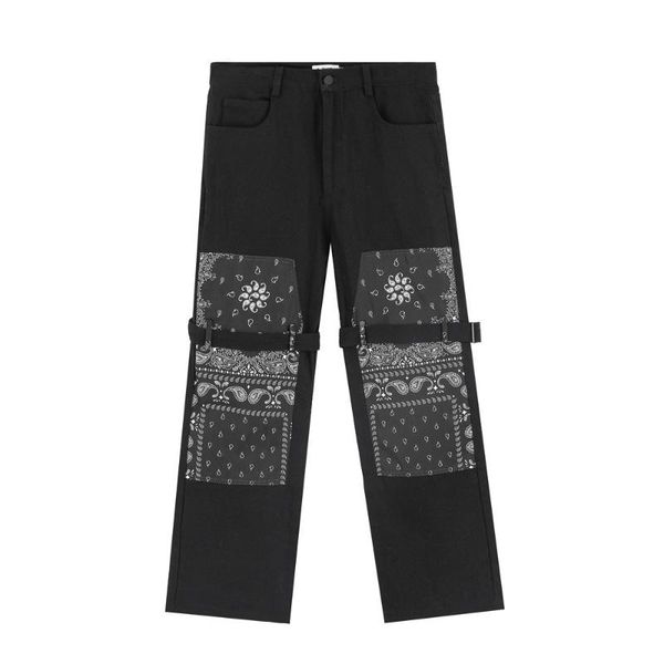 men's pants cashew flower stitching loose straight fashion brand bandage casual harajuku street trend, Black
men's pants cashew flower stitching loose straight fashion brand bandage casual harajuku street trend, Black