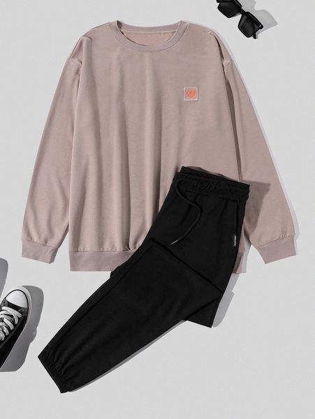 men patched detail pullover & drawstring waist sweatpants d10s#, Gray 
men patched detail pullover & drawstring waist sweatpants d10s#, Gray