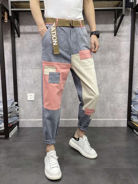 ins fashion brand color patch jeans male social spirit guy loose personality harem net red pants fashion, Blue
ins fashion brand color patch jeans male social spirit guy loose personality harem net red pants fashion, Blue