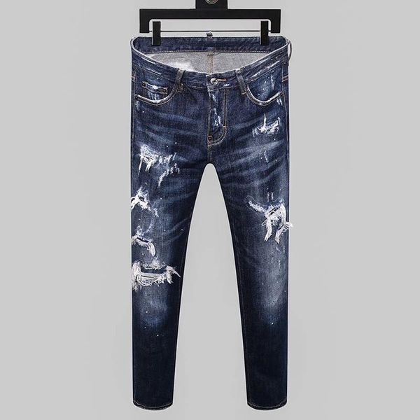 men's jeans 2021 european brand italian pants design slim denim trousers blue hole men