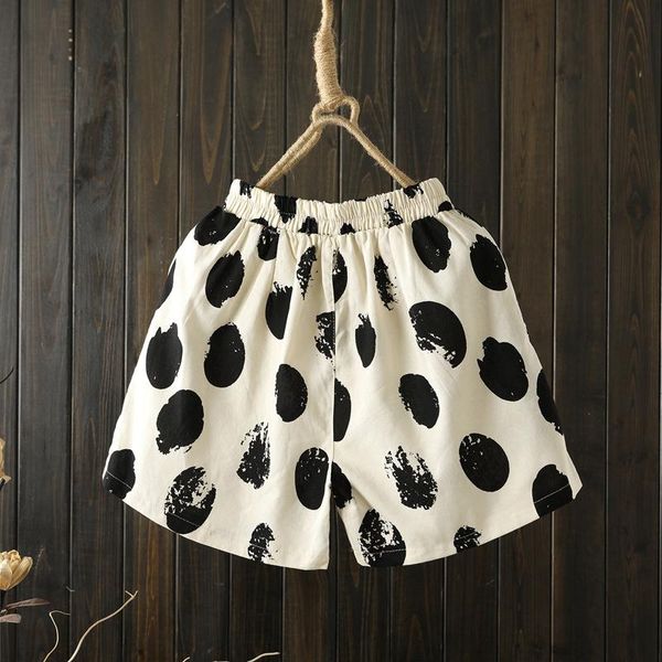women's shorts casual cotton and linen printed high waist, White;black
