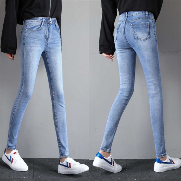 pencil leggings spring and autumn high waist tight elastic denim pants wear, Blue