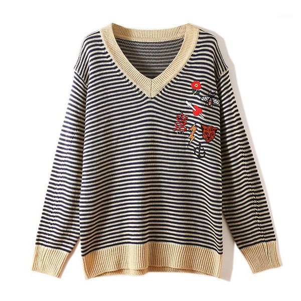 women's knitted sweater 2021 summer female embroidery black and white striped v-neck loose sweaters, White;black
women's knitted sweater 2021 summer female embroidery black and white striped v-neck loose sweaters, White;black