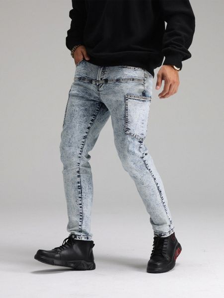 men pocket side washed skinny jeans c5ls#, Blue