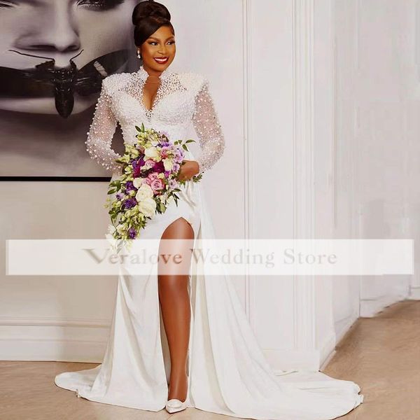 major beads pearls wedding dress mermaid 2022 african girl bridal party gowns long sleeves slit v neck vestido de novia, White
major beads pearls wedding dress mermaid 2022 african girl bridal party gowns long sleeves slit v neck vestido de novia, White