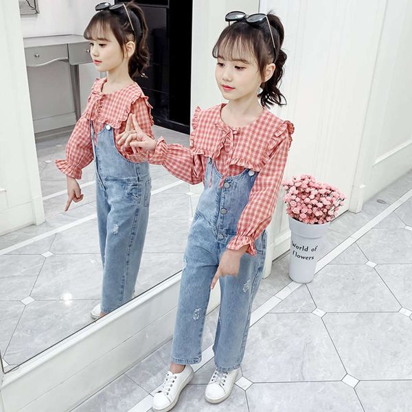 girls' big lapel plaid denim pants set, Blue
girls' big lapel plaid denim pants set, Blue