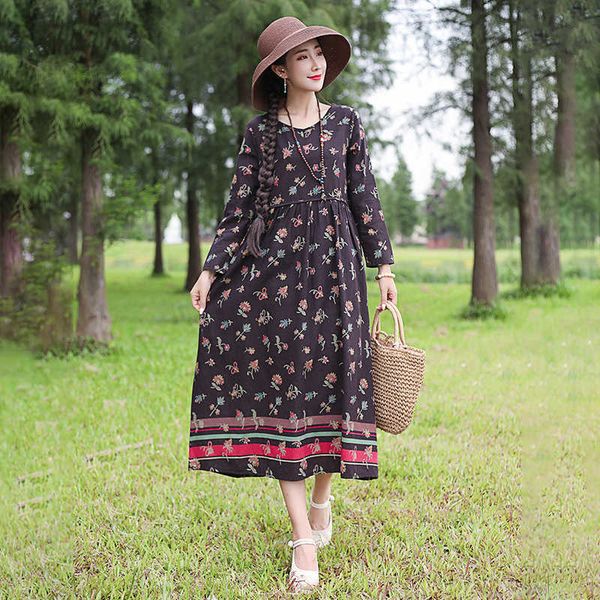 2021 autumn national style large loose cotton linen print round neck long sleeve women's drs, Black;gray
2021 autumn national style large loose cotton linen print round neck long sleeve women's drs, Black;gray