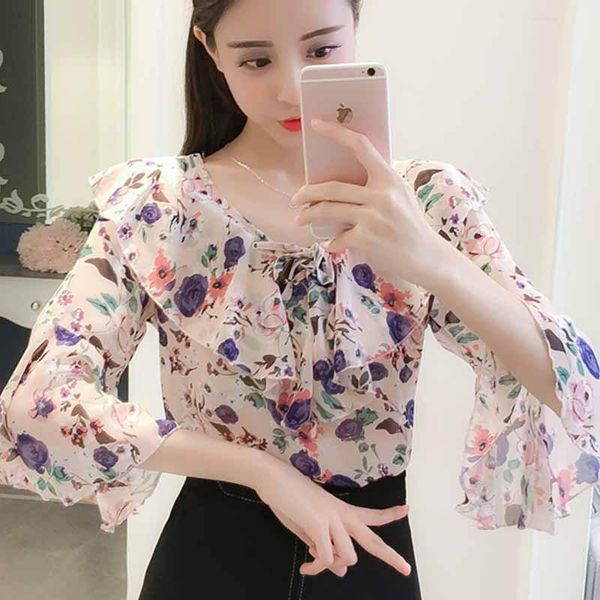 women's blouses & shirts blouse women 2021 ruffles v-neck print chiffon shirt flare sleeve blusas camisas mujer d242, White 
women's blouses & shirts blouse women 2021 ruffles v-neck print chiffon shirt flare sleeve blusas camisas mujer d242, White