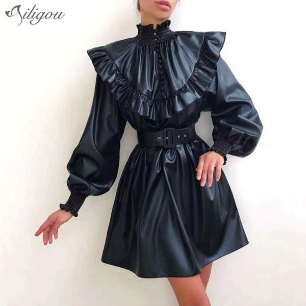 female fashion a-line ruffled stand-up collar lantern sleeves high waist belt retro pu leather mini dress 210527, Black;gray
female fashion a-line ruffled stand-up collar lantern sleeves high waist belt retro pu leather mini dress 210527, Black;gray