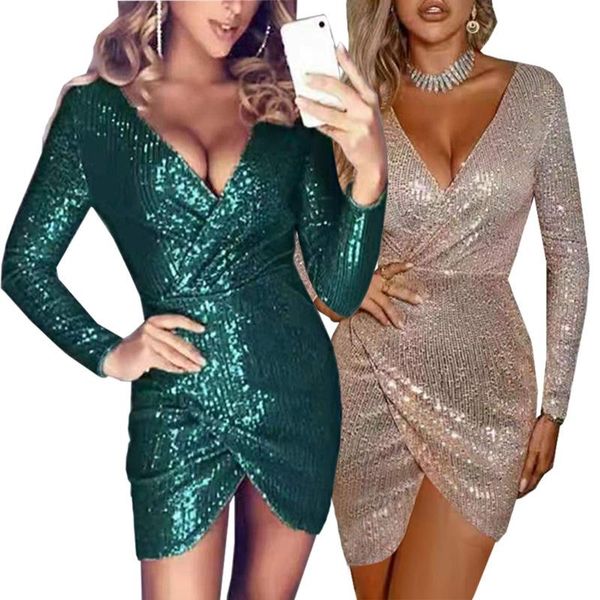 casual dresses nshypoi 2021 autumn women deep v-neck long sleeve sequined irregular vestidos elegant wrap split mini slim dress, Black;gray 
casual dresses nshypoi 2021 autumn women deep v-neck long sleeve sequined irregular vestidos elegant wrap split mini slim dress, Black;gray