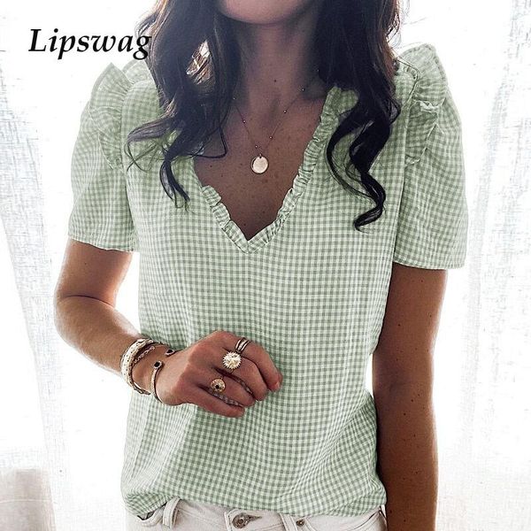 women's blouses & shirts casual women short sleeve ruffle blouse shirt elegant plaid printed v-neck 2021 summer female fashion pullove, White
women's blouses & shirts casual women short sleeve ruffle blouse shirt elegant plaid printed v-neck 2021 summer female fashion pullove, White