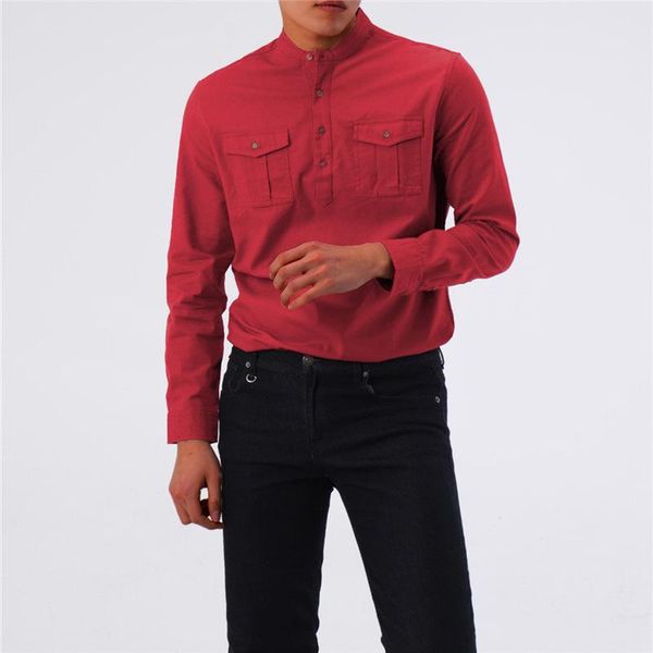men's casual shirts multi pocket long sleeve shirt with stand collar and tooling in spring summer, White;black
men's casual shirts multi pocket long sleeve shirt with stand collar and tooling in spring summer, White;black