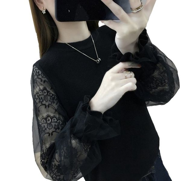 2021 new autumn spring solid pullovers for women knitted casual female sweaters long flare sleeve o neck with lace office ladies jumpers d96, White;black
2021 new autumn spring solid pullovers for women knitted casual female sweaters long flare sleeve o neck with lace office ladies jumpers d96, White;black