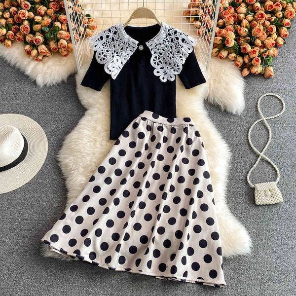 two piece dress sweet lace patchwork diamond peter pan collar knitted summer + polka dot high waist a-line skirts women two-p, White
two piece dress sweet lace patchwork diamond peter pan collar knitted summer + polka dot high waist a-line skirts women two-p, White