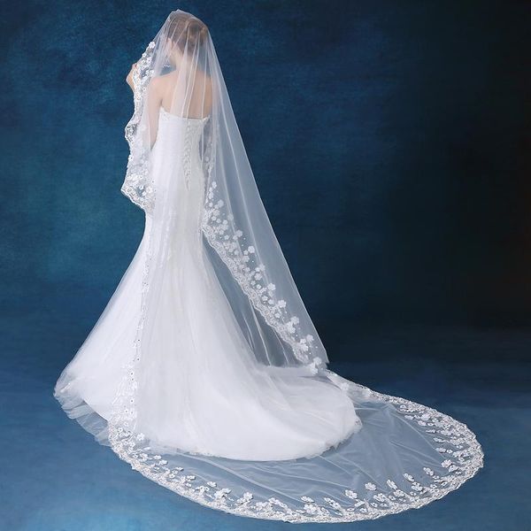 bridal veils 2021 veil white/ivory 3m long wedding mantilla accessories veu de noiva with lace flowers beadwork, Black 
bridal veils 2021 veil white/ivory 3m long wedding mantilla accessories veu de noiva with lace flowers beadwork, Black