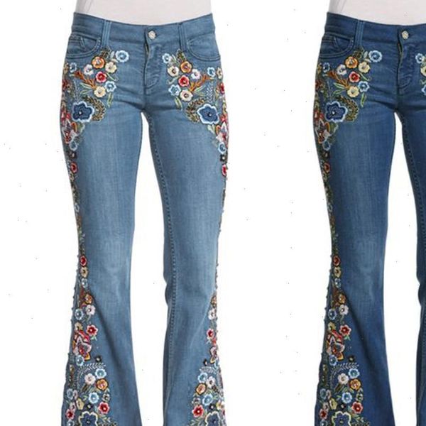 women embroidery flowers destoryed flare jeans button waist bell bottom denim pants 2021 autumn winter pants trousers, Blue
women embroidery flowers destoryed flare jeans button waist bell bottom denim pants 2021 autumn winter pants trousers, Blue