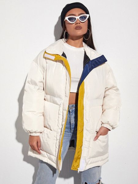 contrast trim pocket front drop shoulder puffer coat r2bc#, Black 
contrast trim pocket front drop shoulder puffer coat r2bc#, Black