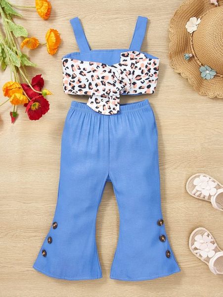 baby contrast leopard knot front cami & flare leg pants she, White 
baby contrast leopard knot front cami & flare leg pants she, White