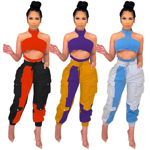 women's two piece pants casual two-piece summer fashion hanging neck tube halter stitching contrast color sports suit, White
women's two piece pants casual two-piece summer fashion hanging neck tube halter stitching contrast color sports suit, White
