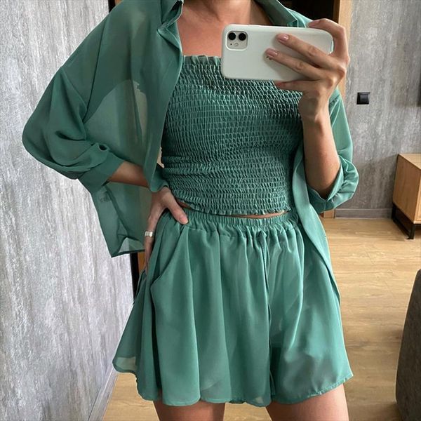 fashion suit three piece womens tracksuits set summer sun protection chiffon blouse coat vest wide leg shorts, Gray
fashion suit three piece womens tracksuits set summer sun protection chiffon blouse coat vest wide leg shorts, Gray