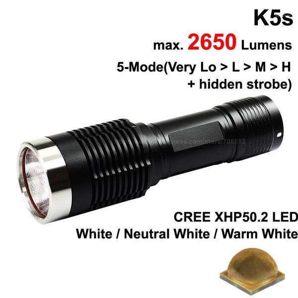 flashlights torches k5s cree xhp50.2 white 6500k / neutral 5000k warm 3000k 2650 lumens 5-mode led - black ( 1x26650 )1
flashlights torches k5s cree xhp50.2 white 6500k / neutral 5000k warm 3000k 2650 lumens 5-mode led - black ( 1x26650 )1