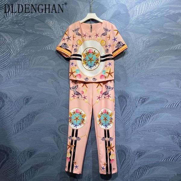 women's two piece pants dldenghan fashion designer summer suit short sleeve beading starfish print + slim pencil, White
women's two piece pants dldenghan fashion designer summer suit short sleeve beading starfish print + slim pencil, White