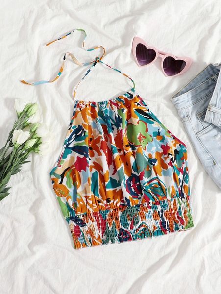 floral print tied backless shirred t4hh#, White
floral print tied backless shirred t4hh#, White