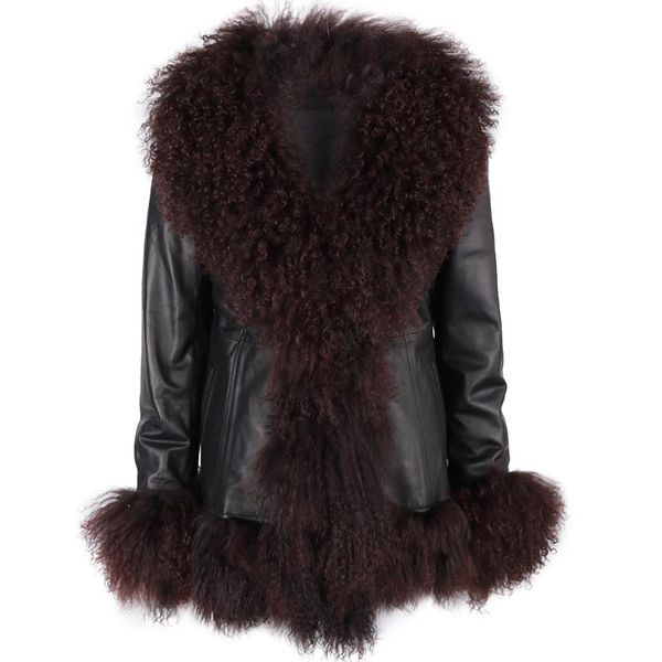 women's leather & faux yoloagain women real sheep fur collar trim genuine jacket coat, Black
