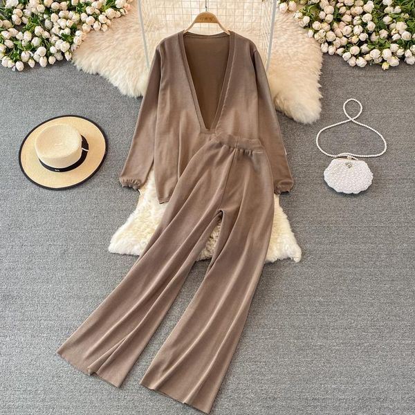 women's two piece pants casual knitted trousers suits women elegant fashion deep v-neck pullover sweater + wide leg sets fall winter se, White
women's two piece pants casual knitted trousers suits women elegant fashion deep v-neck pullover sweater + wide leg sets fall winter se, White