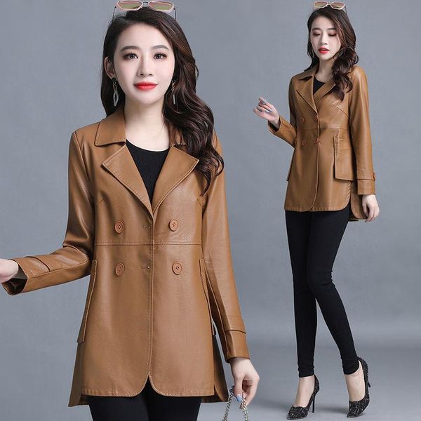 women's leather & faux 2021 mid-length autumn and winter slim youthful pu long sleeve double breasted business coat, Black
women's leather & faux 2021 mid-length autumn and winter slim youthful pu long sleeve double breasted business coat, Black
