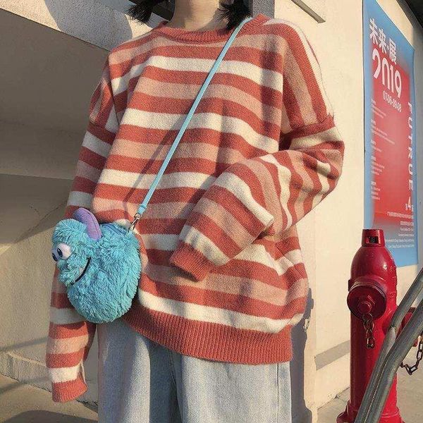 women's sweaters 2021 sweater women loose outside wearing autumn and spring set head lazy wind long-sleeved striped sweater., White;black
women's sweaters 2021 sweater women loose outside wearing autumn and spring set head lazy wind long-sleeved striped sweater., White;black