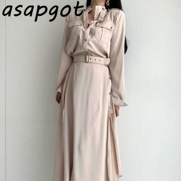 temperament lace up waist safari style stand collar shirts dress women with belt loose casual retro streetwear slim bandage 210610, Black;gray