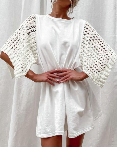 party dresses summer t-shirt dress women hollow out knitted sleeve patchwork o-neck half solid straight casual loose long top, White;black 
party dresses summer t-shirt dress women hollow out knitted sleeve patchwork o-neck half solid straight casual loose long top, White;black