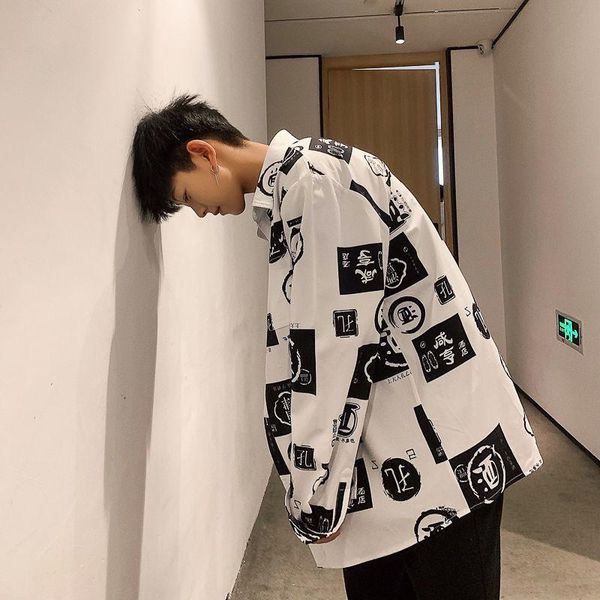 men's casual shirts spring summer plaid shirt chinese characters print vintage lightweight jacket korean trend hip hop loose top, White;black
men's casual shirts spring summer plaid shirt chinese characters print vintage lightweight jacket korean trend hip hop loose top, White;black