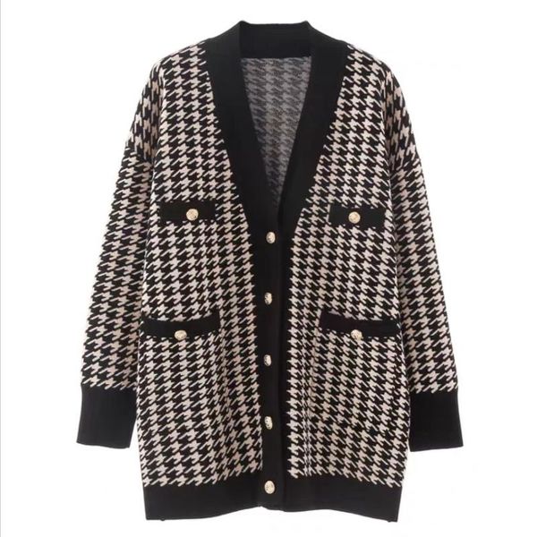 women's knits & tees maisie 2021 women sweaters cardigans houndstooth long sleeves knitted v-neck spring autumn elegant high street, White 
women's knits & tees maisie 2021 women sweaters cardigans houndstooth long sleeves knitted v-neck spring autumn elegant high street, White