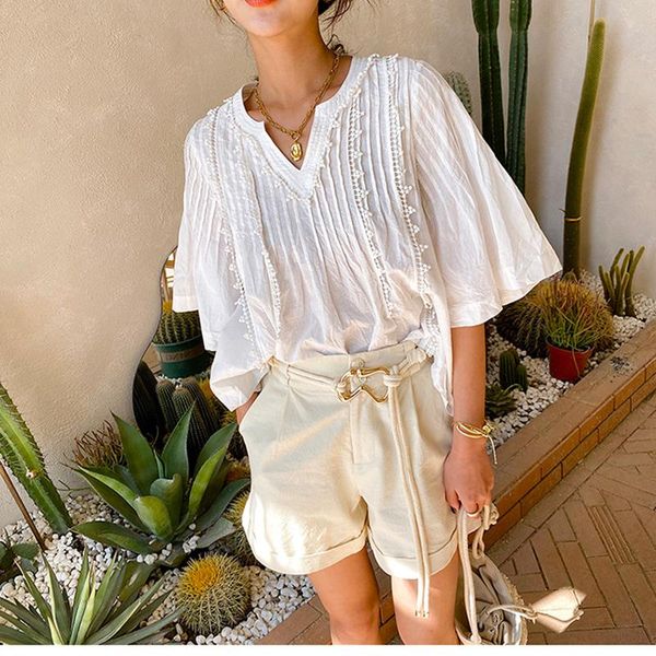 women's blouses & shirts 2021 elegant solid color summer loose v-neck half-sleeved mid-sleeve bohemian holiday style, White
women's blouses & shirts 2021 elegant solid color summer loose v-neck half-sleeved mid-sleeve bohemian holiday style, White