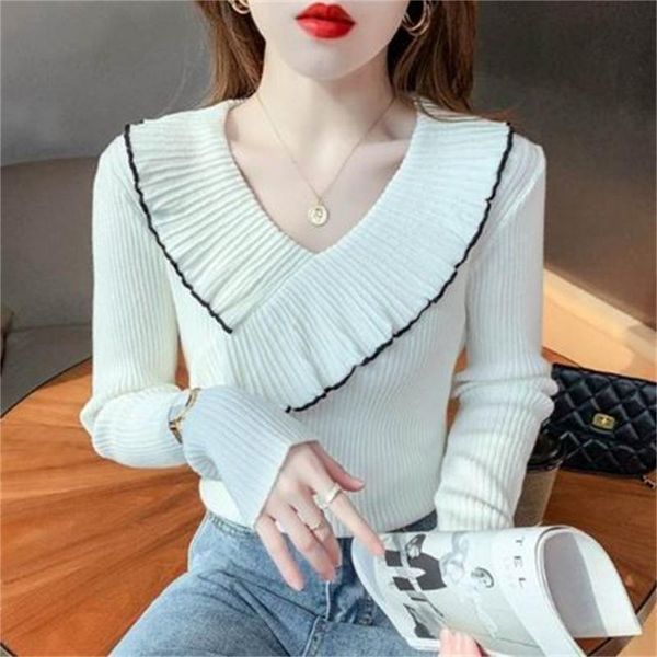 women's sweaters ruffle sweater autumn and winter fashion v-neck western style knit bottoming shirt h1143, White;black
women's sweaters ruffle sweater autumn and winter fashion v-neck western style knit bottoming shirt h1143, White;black