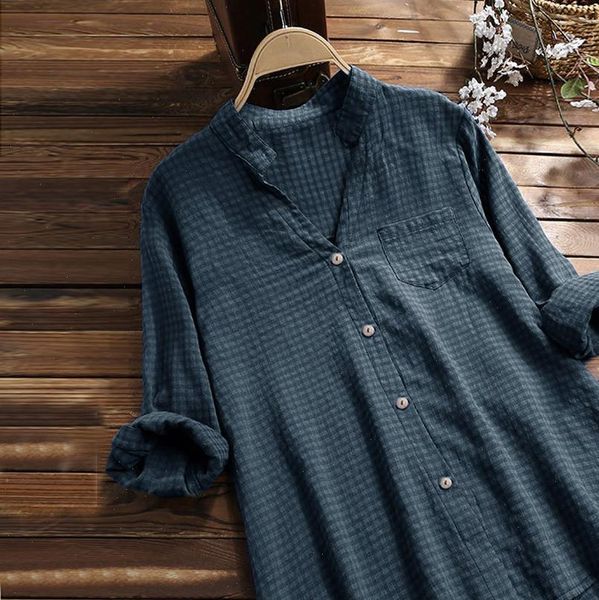women blouses casual v neck loose linen plus size plaid button tanic shirts women blouses women chemise femme, White
women blouses casual v neck loose linen plus size plaid button tanic shirts women blouses women chemise femme, White