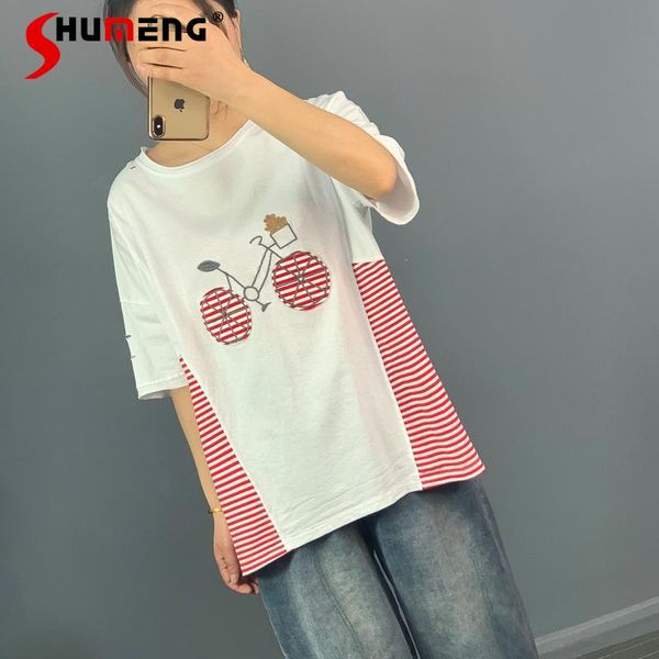 women's t-shirt 2021 spring summer artistic casual loose-fitting short sleeves striped stitching cartoon patch round neck simple top, White
women's t-shirt 2021 spring summer artistic casual loose-fitting short sleeves striped stitching cartoon patch round neck simple top, White