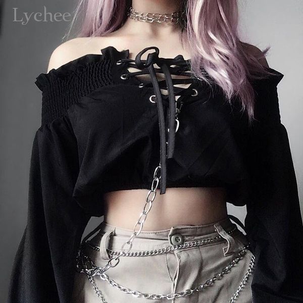 women's blouses & shirts lychee harajuku dark solid color off shoulder women crop lace up female fashion spring autumn lady, White
women's blouses & shirts lychee harajuku dark solid color off shoulder women crop lace up female fashion spring autumn lady, White